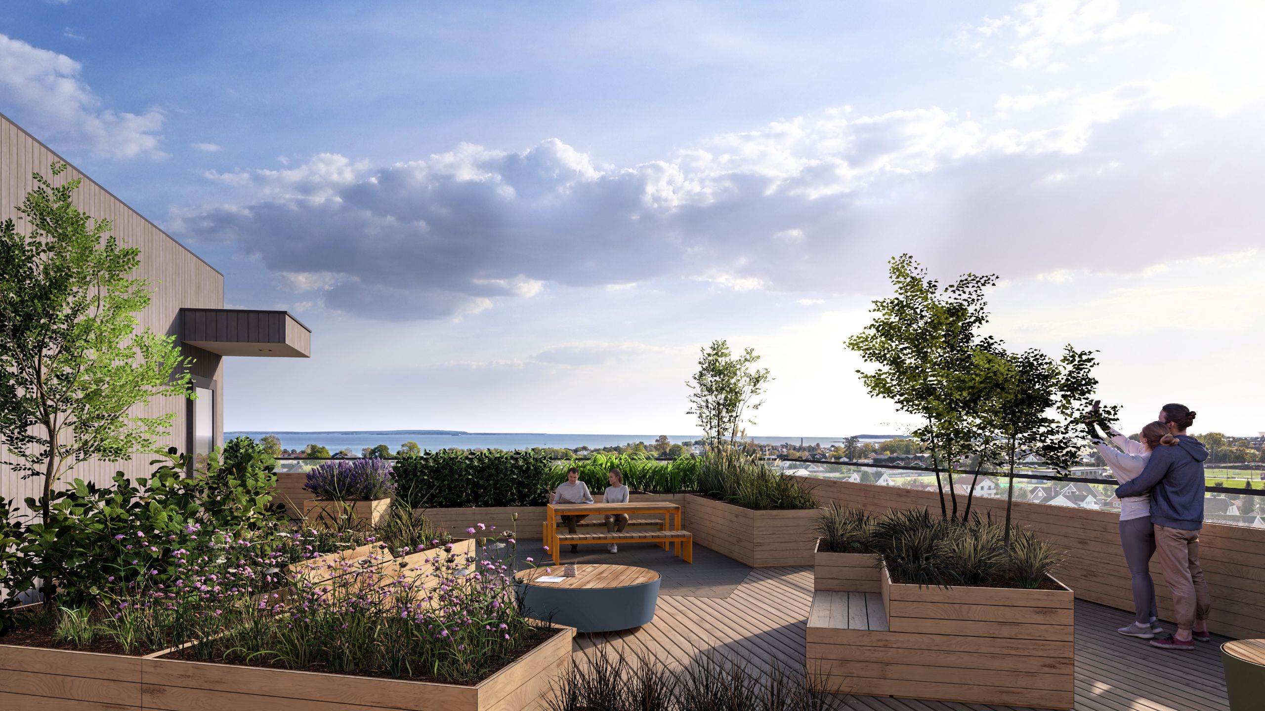 Tolvsrød torg skal bli en levende, trivelig og grønn møteplass for nærområdet! Illustrasjon fra felles takterrasse i bygg B. www.tolvsrodtorg.no