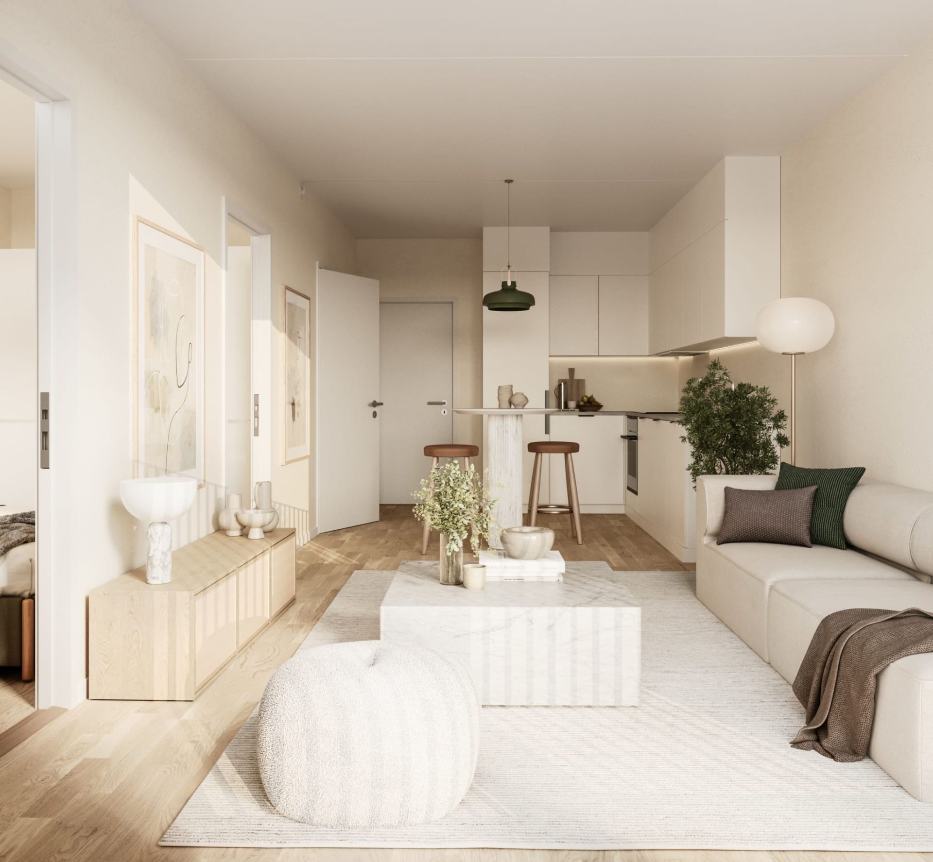 Leiligheten har lekker lyspigmentert 3-stavsparkett og lyse overflater på vegger og vinduer. Kjøkkenet leveres med integrerte hvitevarer.