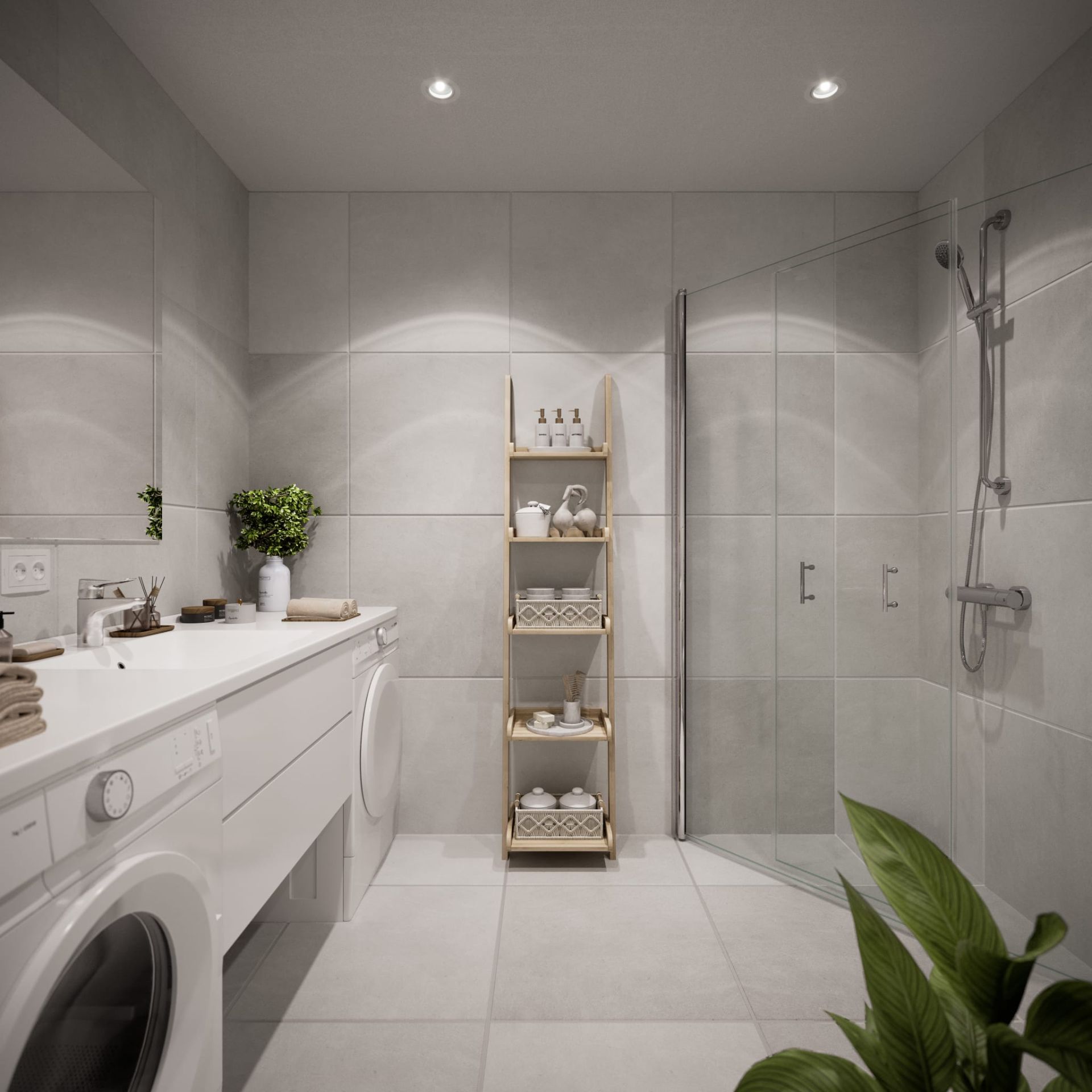 Delikate og flislagte bad, med lyse overflater, opplegg for vaskemaskin, downlights i tak og vegghengt toalett. Varmekabler i gulv og stikkontakter i baderomsinnredning.