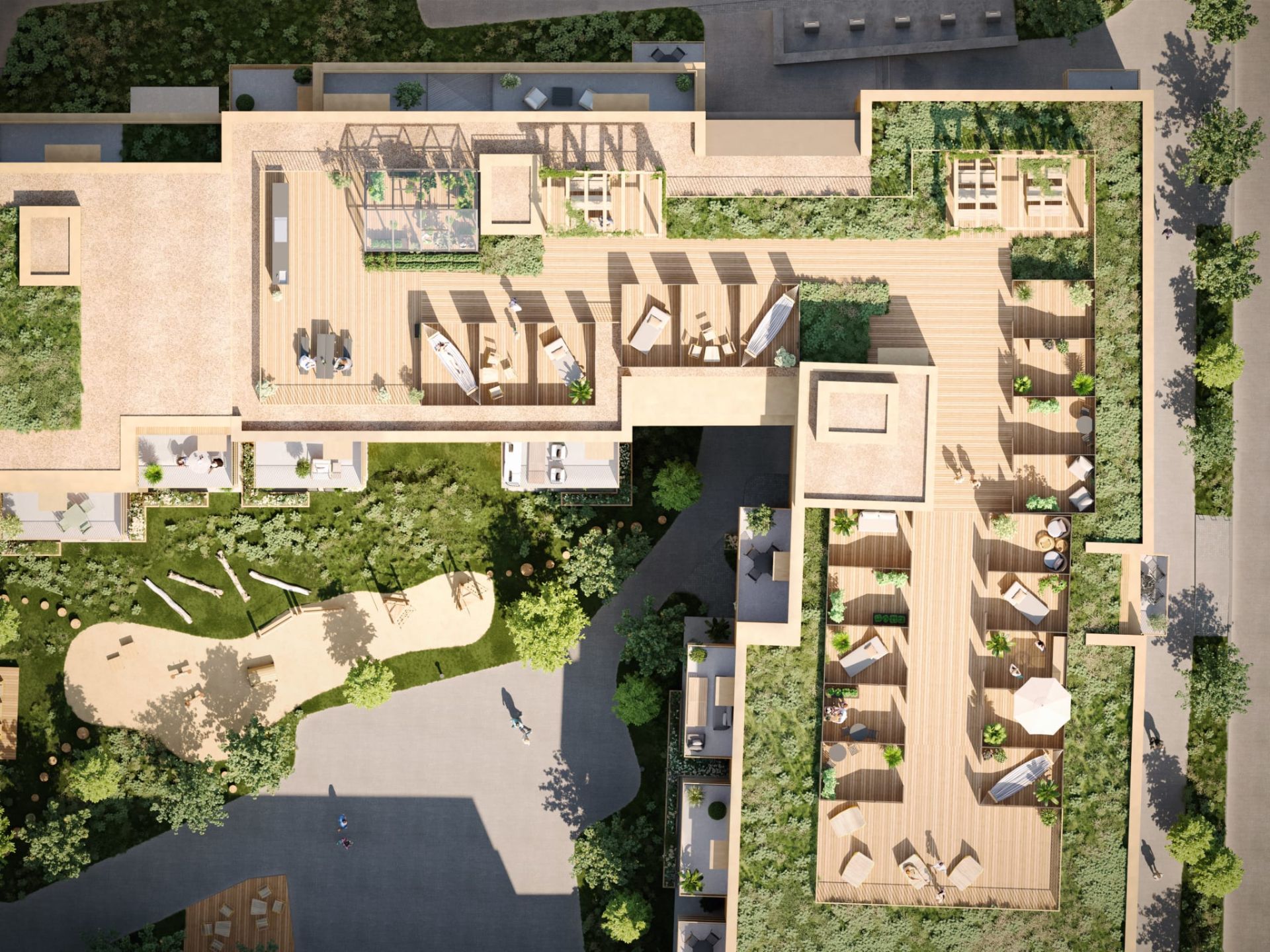 Illustrasjon over takterrassen med hageparseller.