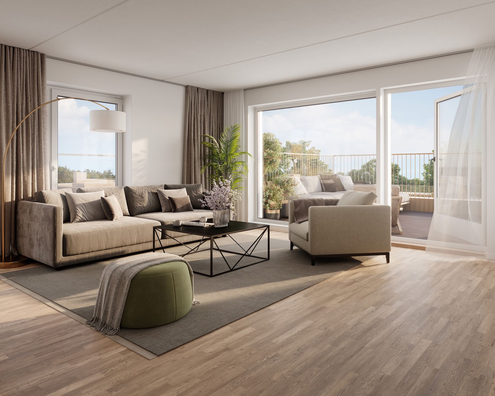 Den åpne stue- og kjøkkenløsningen gir god plass til både spisebord og sofakrok, og skaper en naturlig samlingsplass for små og store øyeblikk.