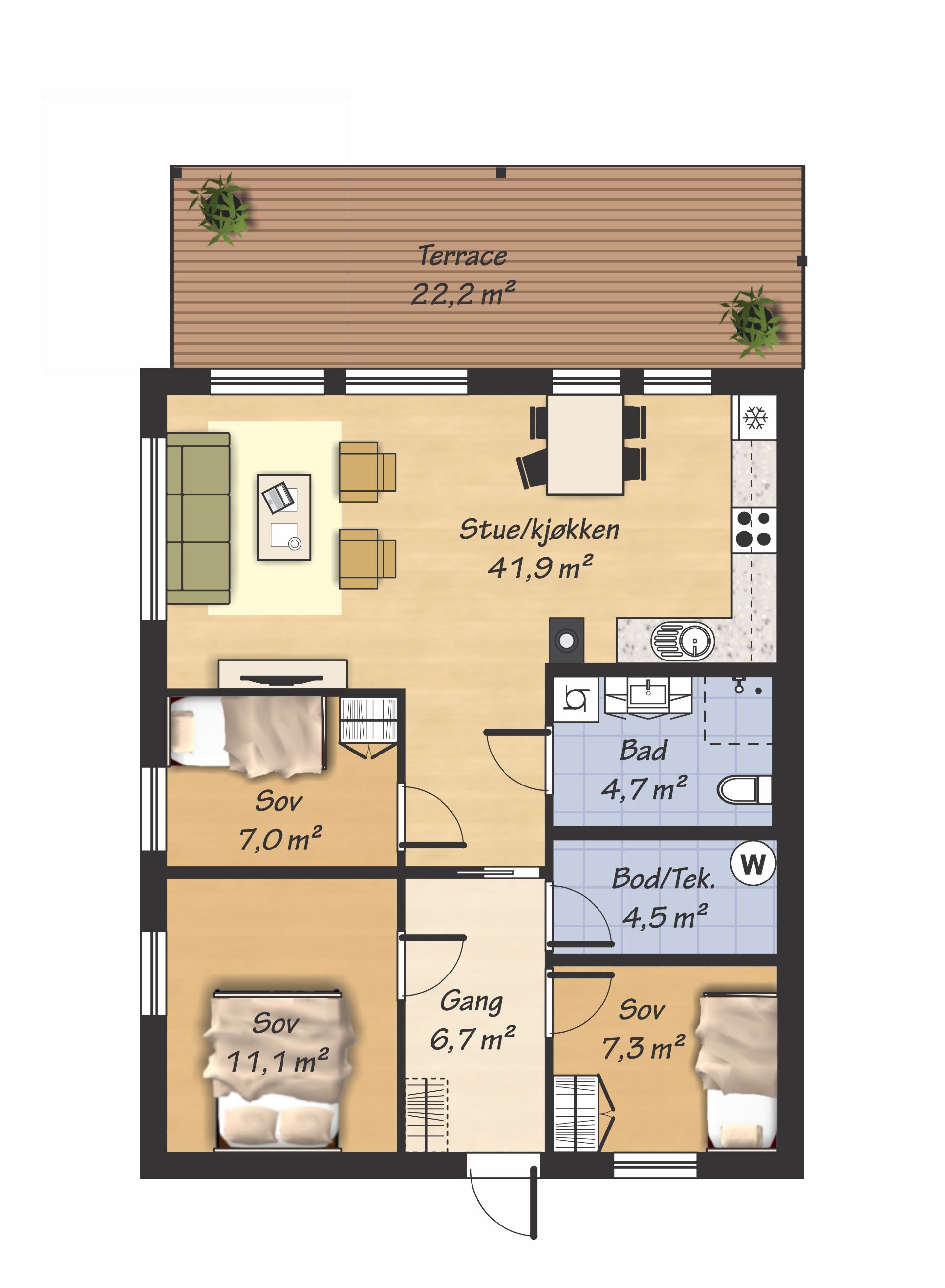 Plantegning med 3 soverom,  Sov 7 kvm kan fjernes om ønskelig