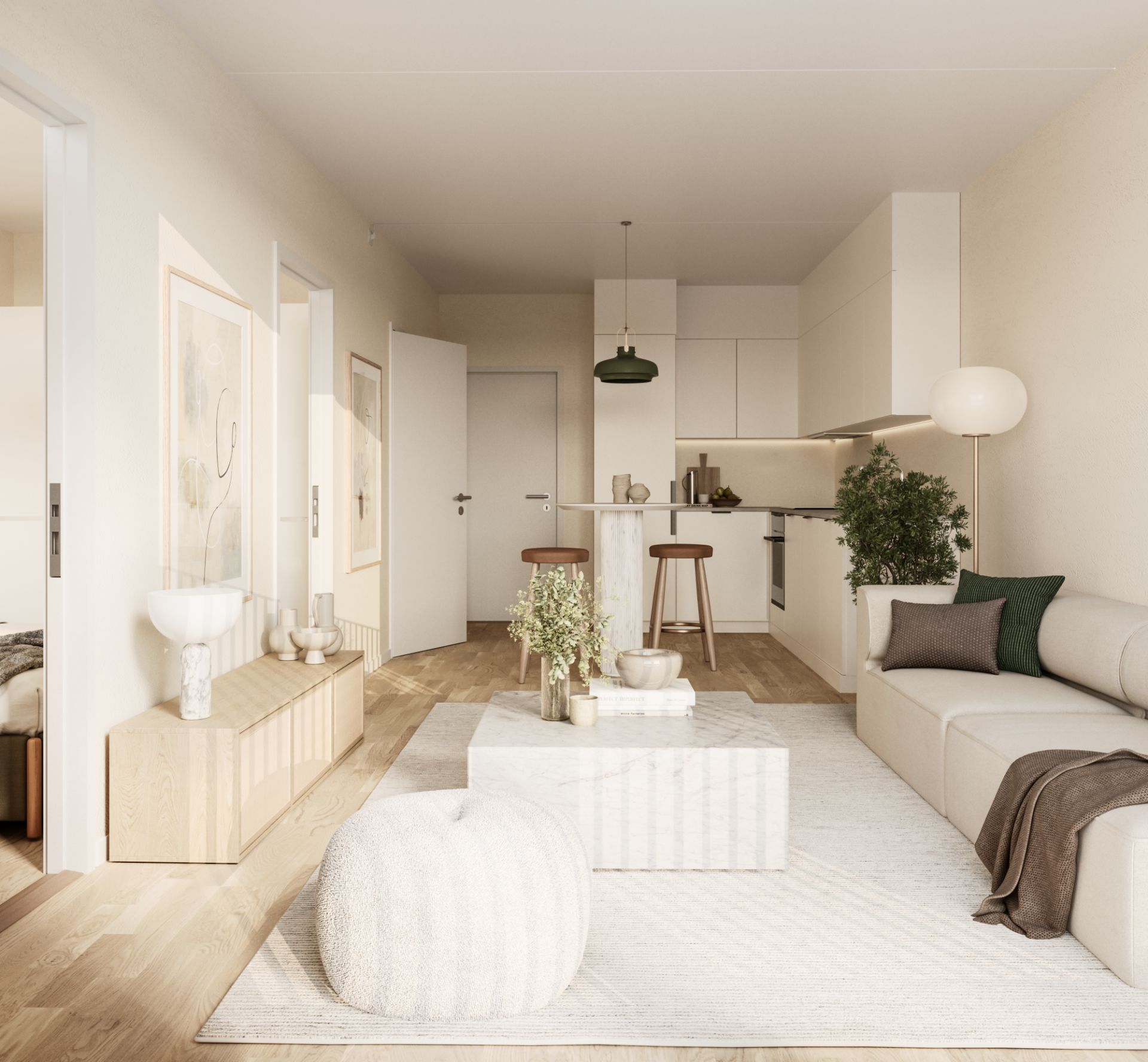 Leiligheten har lekker lyspigmentert 3-stavsparkett og lyse overflater på vegger og vinduer. Kjøkkenet leveres med integrerte hvitevarer.