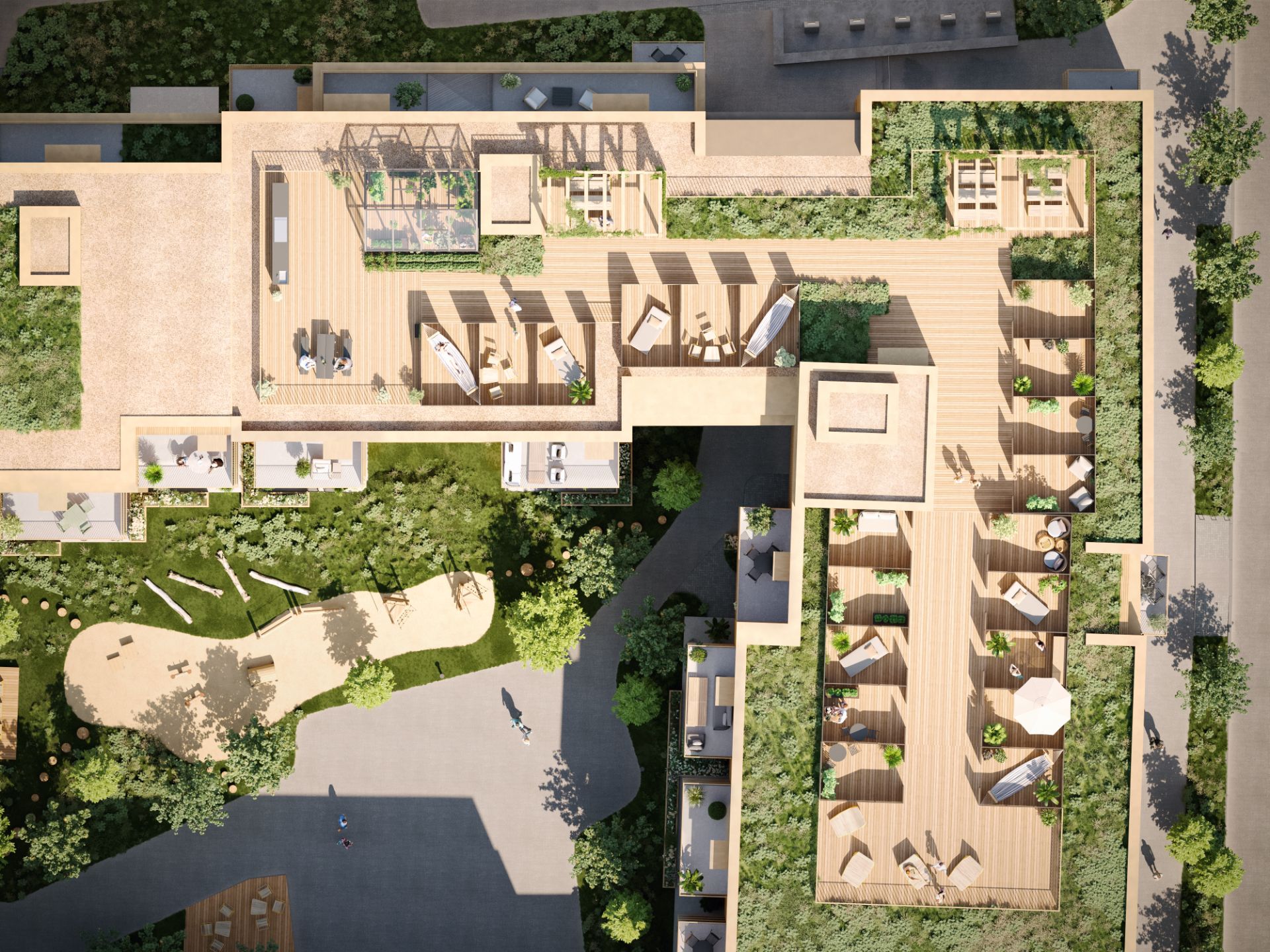 Illustrasjon over takterrassen med hageparseller.