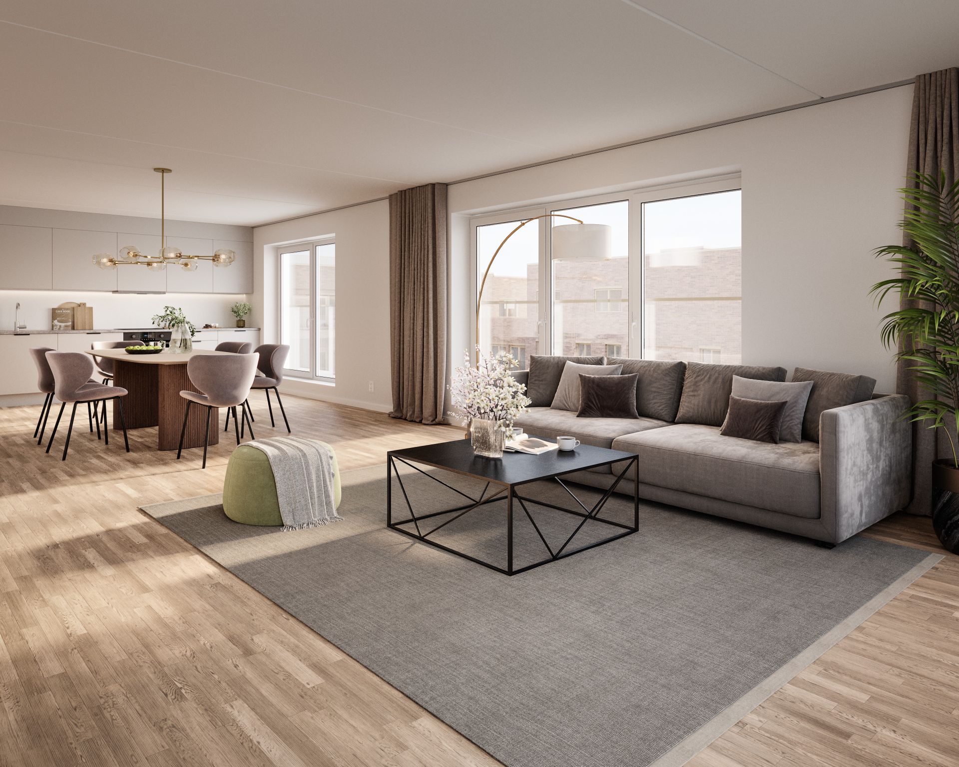 Tidløse kjøkken av god kvalitet med integrerte hvitevarer. Lyse, generøse vinduer gir et godt dagslys gjennom hele stuen – rommet oppleves som større og mer innbydende.