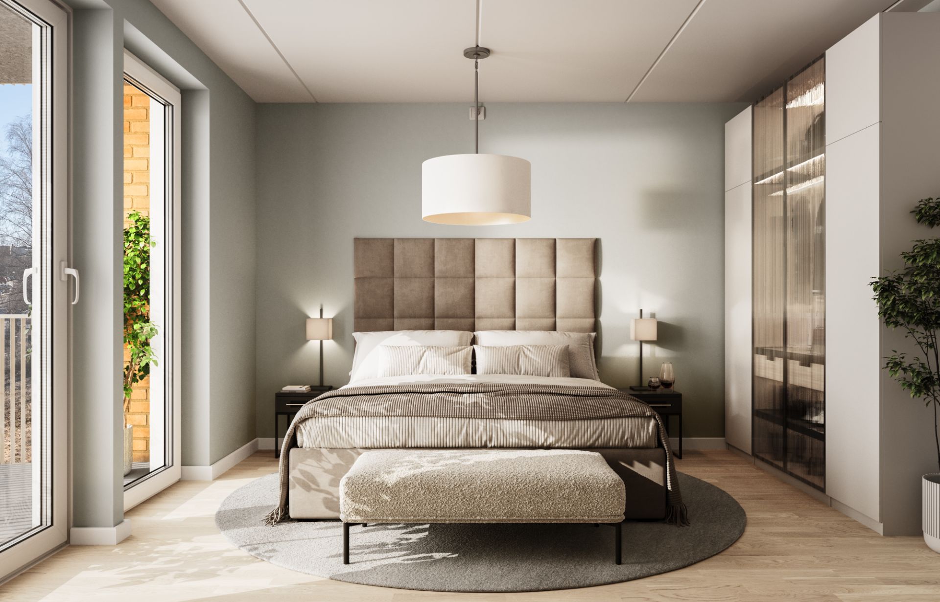 Flere av leilighetene har tilgang til balkong direkte fra soverommet.