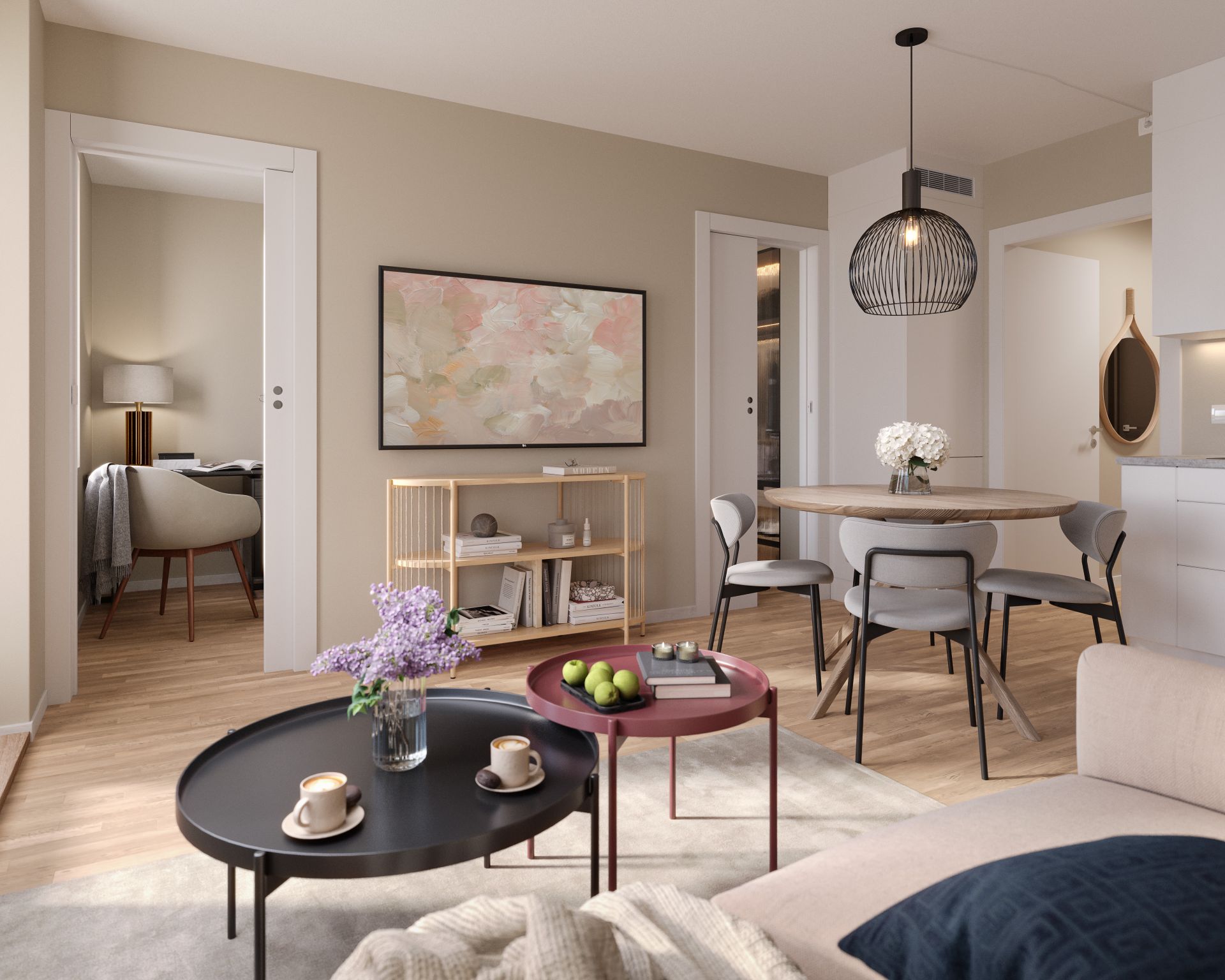 Leilighetene leveres med vannbåren gulvvarme i kjøkken, stue og gang.