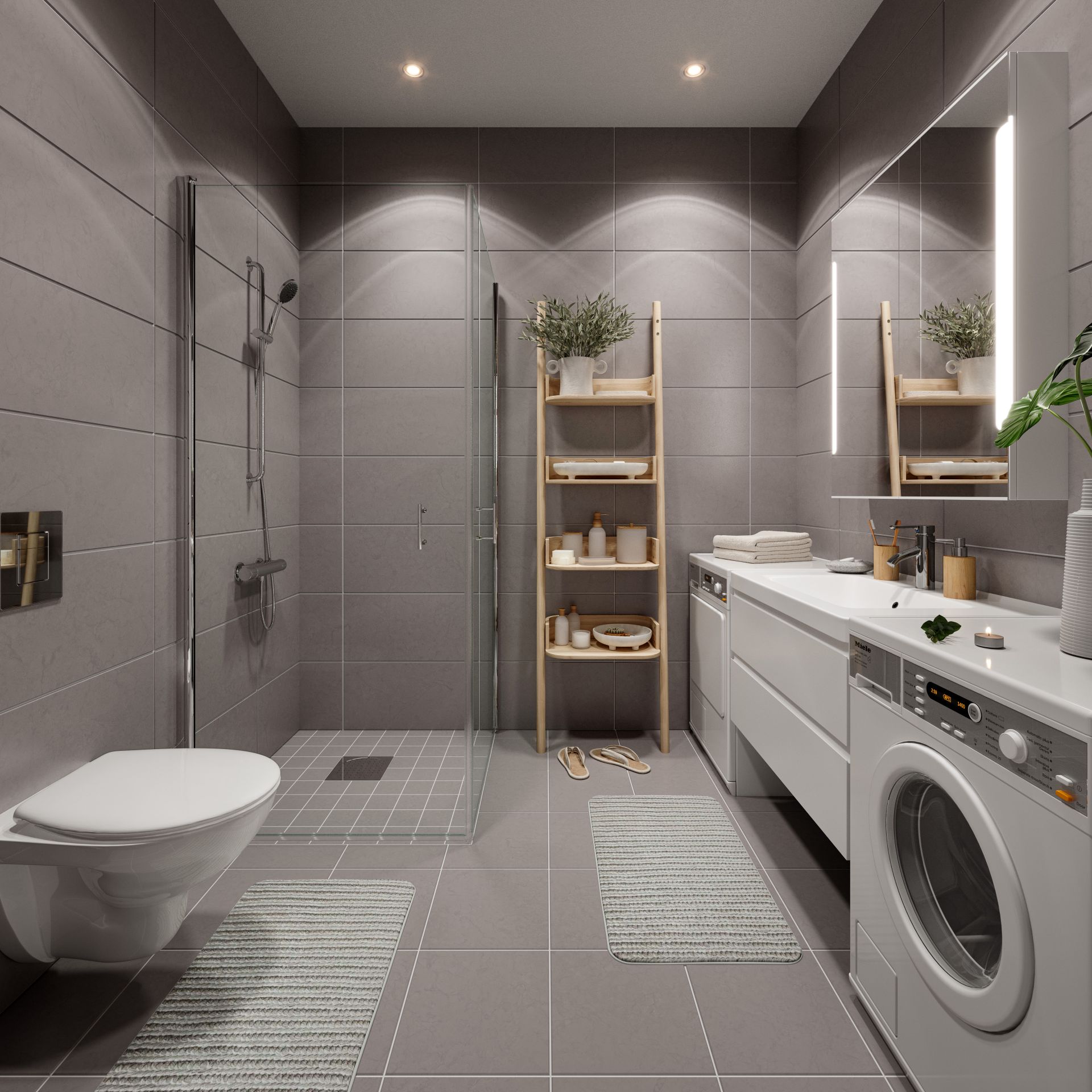 Delikate og flislagte bad, med lyse overflater, opplegg for vaskemaskin, downlights i tak og vegghengt toalett. Varmekabler i gulv og stikkontakter i baderomsinnredning.