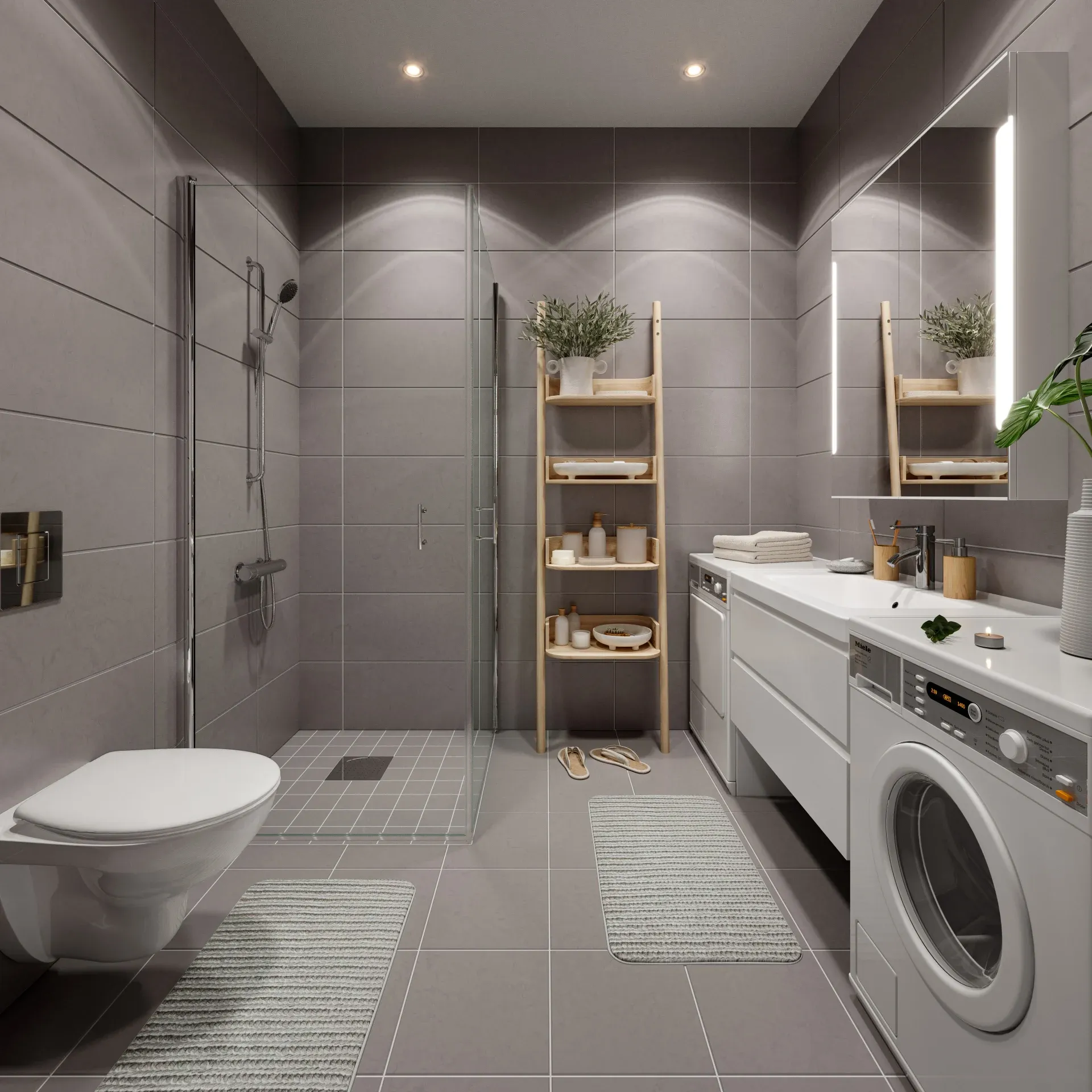 Delikate og flislagte bad, med lyse overflater, opplegg for vaskemaskin, downlights i tak og vegghengt toalett. Varmekabler i gulv og stikkontakter i baderomsinnredning.