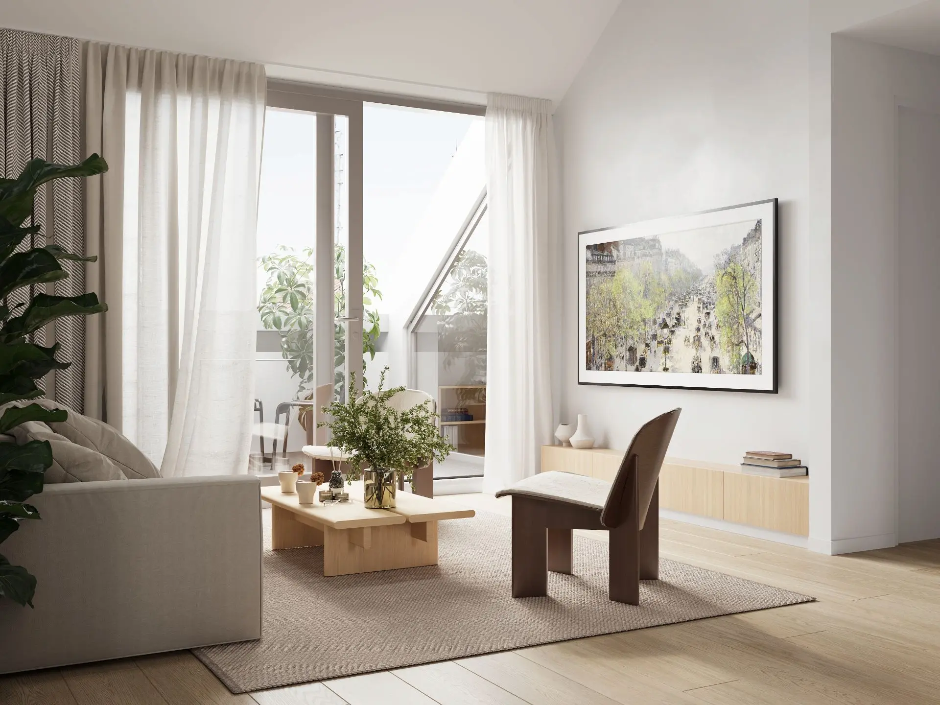 Living room render in the loft apartment on Sums gate in Oslo