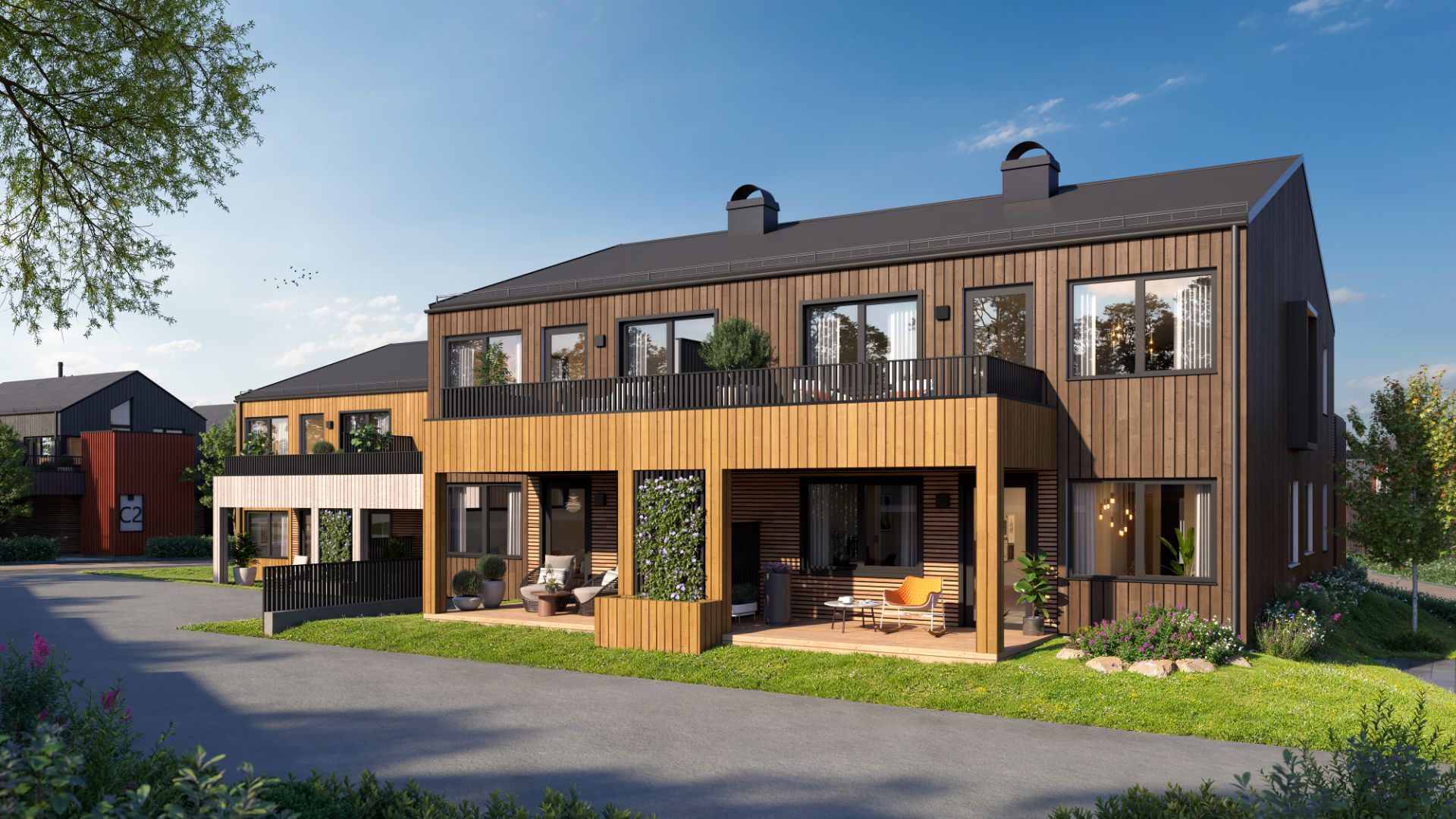 Moderne leiligheter med store vinduer, private terrasser og balkonger i nytt leilighetsprosjekt i Klæbu, Trondheim.