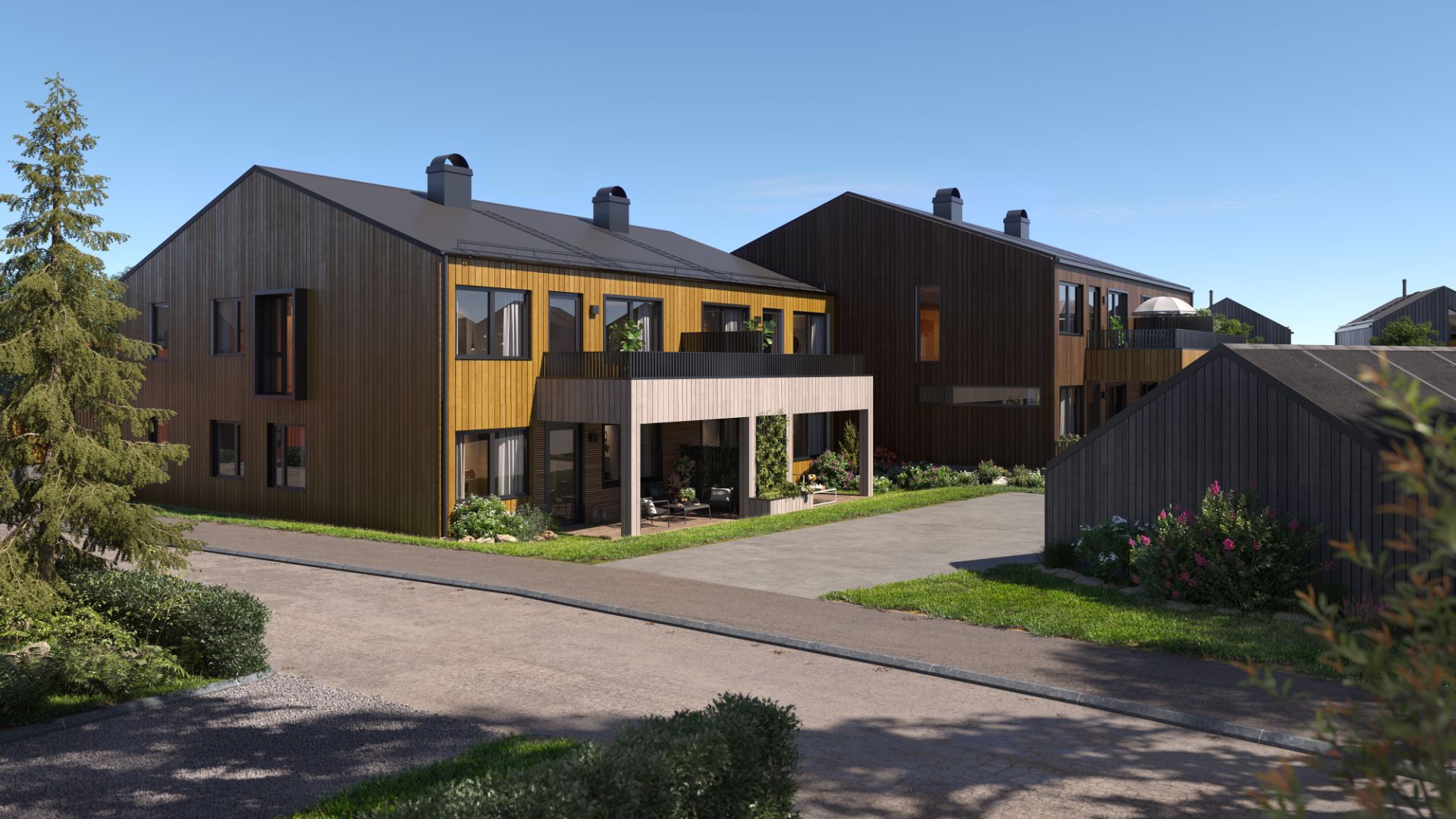 Moderne leiligheter med store vinduer, private terrasser og balkonger i nytt leilighetsprosjekt i Klæbu, Trondheim.