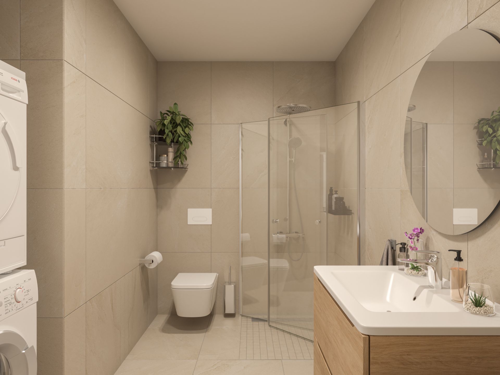 Romslig bad med beige 60x60 flis som standard