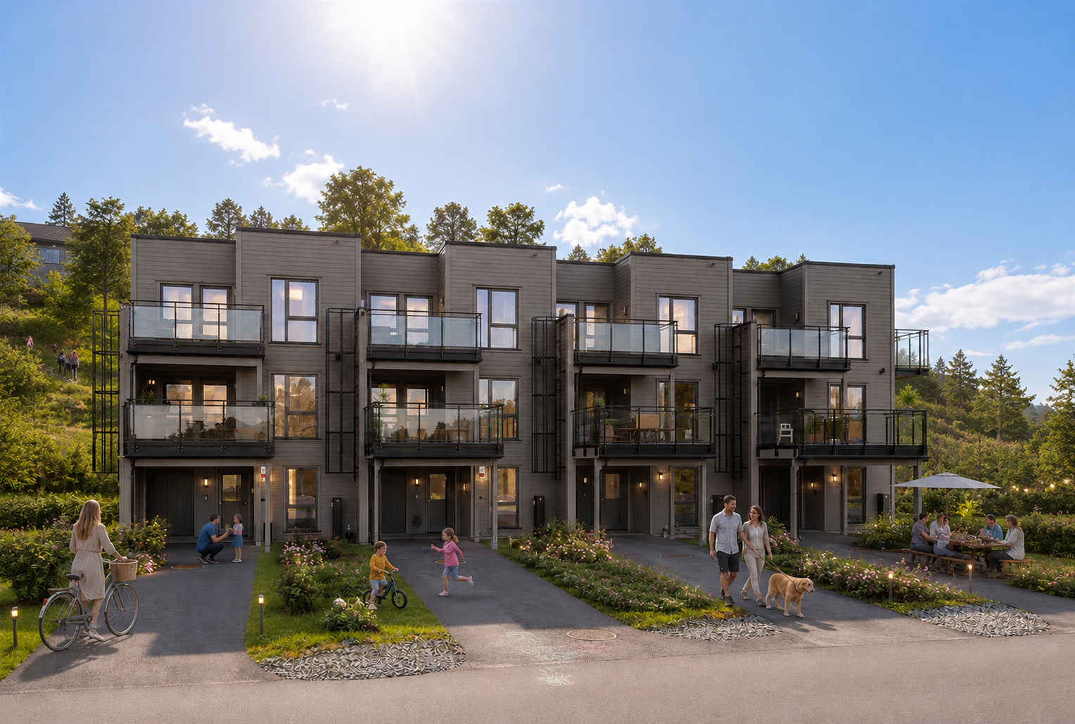 Lettstelte rekkehus med fine uteplasser og parkering i carport