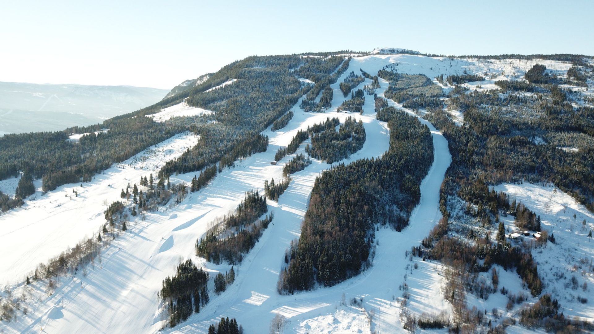 Flyfoto av Gol Skisenter med snødekte nedfarter gjennom skogen